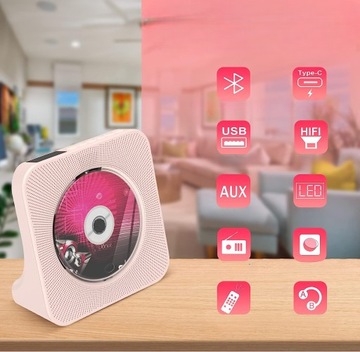 Динамик CD-плеера Bluetooth 5.0 с радиоприемником с ЖК-дисплеем — розовый
