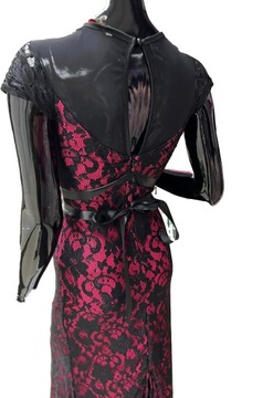 Suknia wieczorowa Maxi długa r 38 Zdobiona kamykami Koronkowa krótki rękaw