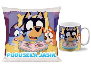 ZESTAW KUBEK + PODUSZKA BINGO Blue BLUEY DISNEY+ IMIĘ PREZENT URODZINY