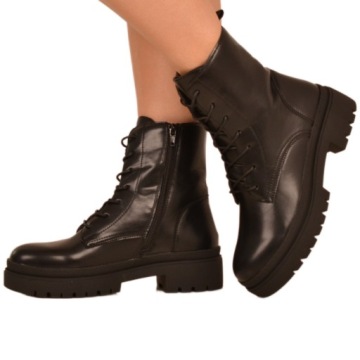 SKÓRZANE BOTKI DAMSKIE KLASYCZNE TRAPERY NA PLATFORMIE CZARNE