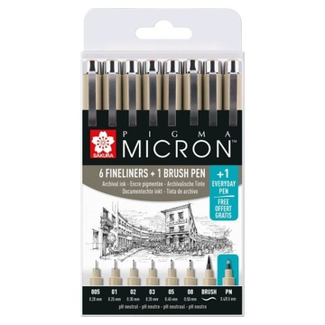 ZESTAW SAKURA MICRON 7SZT +1 BRUSH CIENKOPIS PIGMA BRUSH PN