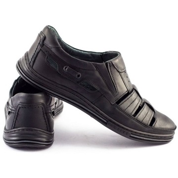 Buty męskie skórzane wsuwane ażurowe na lato POLSKIE J06 czarne 43