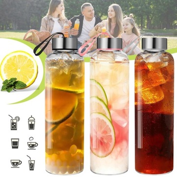 ZESTAW 3 SZTUK SZKLANE BUTELKI Z POKRYWKAMI, SZKLANE BUTELKI NA WODĘ 510 ML