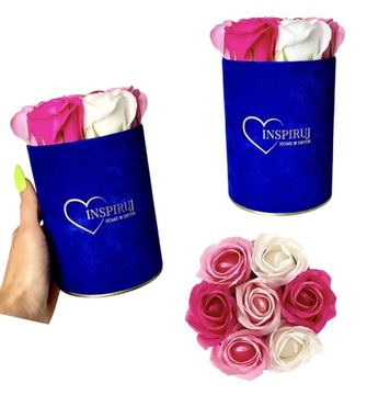 FLOWERBOX Z KWIATAMI MYDLANYMI PREZENT KWIATY RÓŻE MYDLANE WELUROWE PUDEŁKO