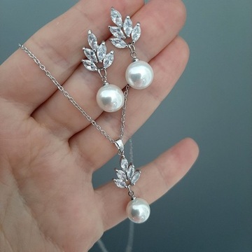 НАБОР ОЖЕРЕЛЬЕ, СЕРЬГИ, ЛИСТЬЯ, ЖЕМЧУГ, СЕРЕБРЯНАЯ СВАДЬБА