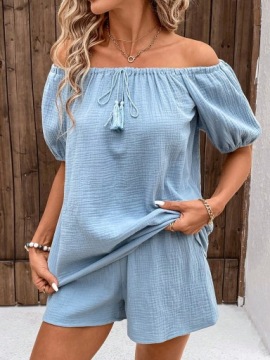 SHEIN LUNE Синий топ с открытыми плечами и шорты S