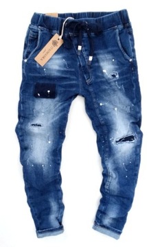 Włoskie dresowe jeansy BAGGY farba łaty joggers M