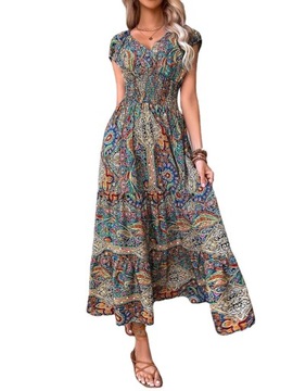 ELEGANCKA SUKIENKA VINTAGE SUKNIA MIDI WZORY KOLOR