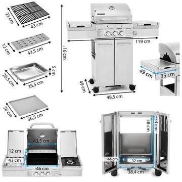 Чугунный садовый газовый гриль 2+1 10,15 кВт + нержавеющая сталь + БОКОВАЯ ГОРЕЛКА