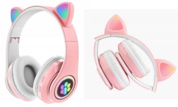 БЕСПРОВОДНЫЕ НАУШНИКИ РОЗОВЫЕ Bluetooth КОШАЧЬИ УШИ СВЕТОДИОД РОЗОВЫЙ Подарок