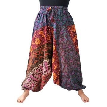 Szarawary spodnie alladynki haremki joga fioletowe wzory bawełna Indie