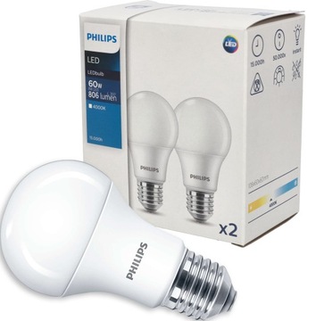 PHILIPS ZESTAW 2x Żarówka LED E27 8W = 60W 4000K NEUTRALNA BIAŁA 806lm A60