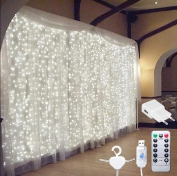 KURTYNA W OKNO GIRLANDA MIKRO-DRUCIK 3m x 3m 300LED BIAŁE ZIMNE WEWNĘTRZNE