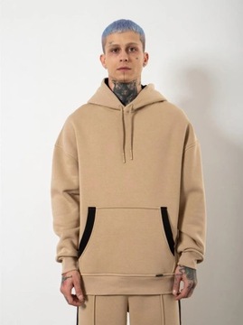 BLUZA Z KAPTUREM MĘSKA OVERSIZE BEŻOWA MODNA STYL CZYSTA Machinist Strip S
