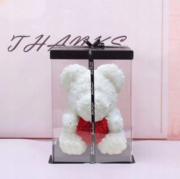 MIŚ Z RÓŻ PREZENT WALENTYNKI BIAŁA RÓŻA CZERWONE SERCE PUDEŁKO + LED BQ54C