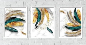 НАБОР ИЗОБРАЖЕНИЯ В РАМКЕ А3х3 ЗОЛОТЫЕ ЛИСТЬЯ ПЕРЬЯ В РАМКЕ