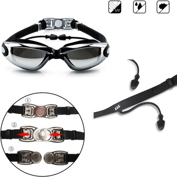 Okulary Gogle Pływackie ŁATWE ZAPIĘCIE na Basen do Pływania ANTI-FOG + Etui