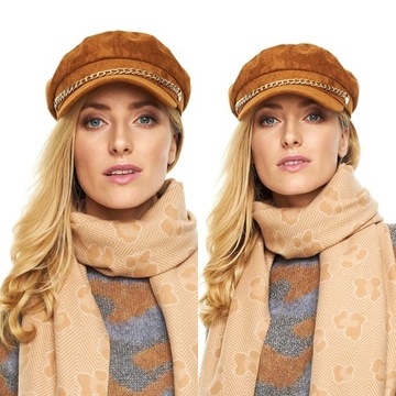 KASZKIET BERET CZAPKA złoty łańcuch zamsz camel