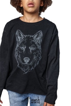 Czarny t-shirt long z wilkiem Mash MNIE 152/158