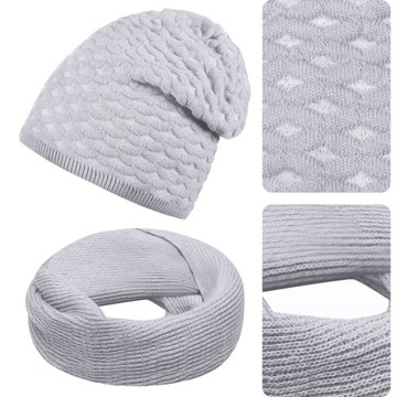 KOMPLET DAMSKI CZAPKA BEANIE + KOMIN JESIENNY ZIMOWY CIEPŁY SZARY