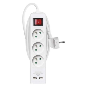 Przedłużacz z wyłącznikiem 3 gniazda 2m + 2× USB