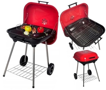 GRILL WĘGLOWY PRZENOŚNY OGRODOWY NA KÓŁKACH Z POKRYWĄ + RUSZT