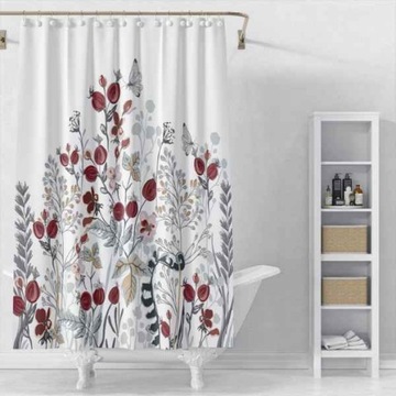 Zasłona prysznicowa 180x180 cm boho z haczykami LIŚCIE I POLANA MAKOWA