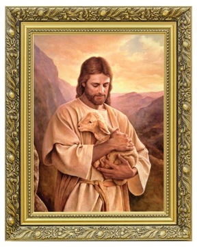 JEZUS DOBRY PASTERZ | OBRAZ PŁÓTNO ZŁOTA RAMA ZDOBIONA | 40x50