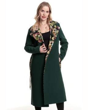 Płaszcz damski elegancki wiosenny wełniany print kwiaty wiązany długi