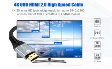 КАБЕЛЬ HDMI 4K UHD 3D HDR 18 Гбит/с Позолоченный НЕЙЛОН 1 м