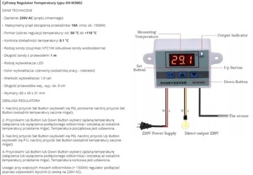 TERMOSTAT STEROWNIK REGULATOR ELEKTRONICZNY TEMPERATURY na 230V z sondą 1m