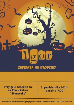 Zaproszenie urodzinowe Halloween dla dzieci