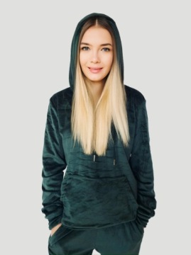 МОДНЫЙ ВЕЛЮРОВЫЙ КОМПЛЕКТ С КАПЮШОНОМ: ТЕМНО-ЗЕЛЕНЫЙ L