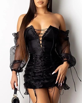 Mesh Lace-Up Drawstring Design Ruched Dress Women