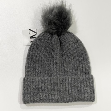 ZARA Szara Czapka Beanie Wełna Pompon