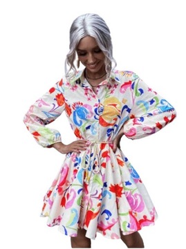 SUKIENKA MINI WZORZYSTA KOSZULOWA Z DŁUGIM RĘKAWEM PASEK SHEIN S