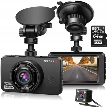 Wideorejestrator Feegar Kamera Samochodowa Rejestrator Trasy + TYŁ + 64GB