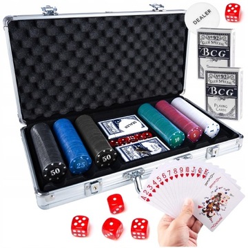 EKSKLUZYWNY ZESTAW DO POKERA 300 ŻETONÓW 2 TALIE 5 KOŚCI GRA POKER WALIZKA