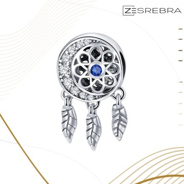 CHARMS ŁAPACZ SNÓW srebro 925 srebrny koralik piórka księżyc charms pr S925