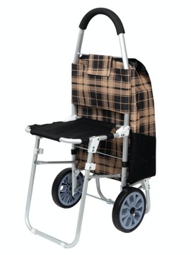 Большая алюминиевая тележка для покупок со складным стулом и сиденьем.