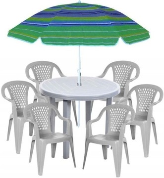 ZESTAW PLASTIKOWY 6+1 MEBLE OGRODOWE DO OGRODU KRZESŁA STÓŁ PARASOL SZARY