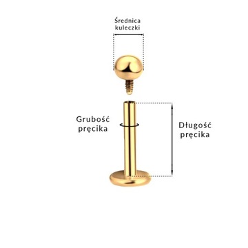 Kolczyk Złoty LABRET z kulką GW. Stal Chirurgiczna 316L Rozmiar 1,2/6/3