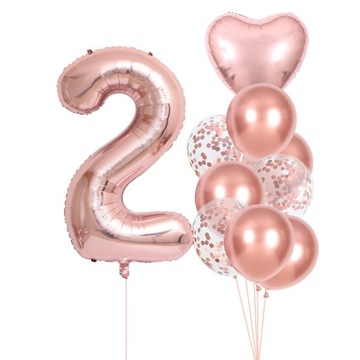 Balony Na 2 Latka Cyfra 2 urodziny Rose Gold Serce