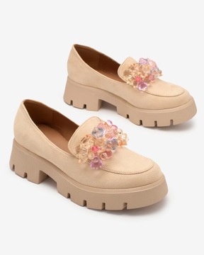 БЕЖЕВЫЕ ЖЕНСКИЕ МОКАСИНЫ С ДЕКОРИРОВАНИЕМ CRYSTAL GLAM 40