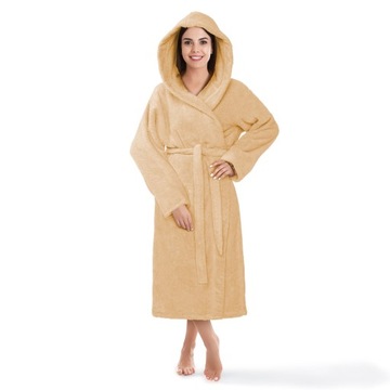 ХЛОПКОВЫЙ ХАЛАТ ЖЕНСКИЙ С КАПЮШОНОМ, БЕЖЕВЫЙ, XXL