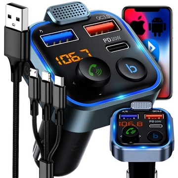 TRANSMITER FM SZYBKA ŁADOWARKA BLUETOOTH AUDIO MP3 BT 3X USB RGB+ KABEL 3W1