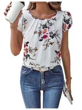 BLUZKA DAMSKA ELEGANCKA KRÓTKI RĘKAW T-SHIRT Z NADRUKIEM