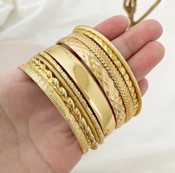 Zestaw 10 Złote Bransoletki Grawerowane Kleopatra Vintage Boho
