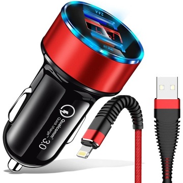 ŁADOWARKA SAMOCHODOWA SZYBKA LED QC 3.0 + KABEL PRZEWÓD LIGHTNING 100CM 1M