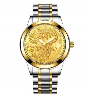 zegarek męski z złotym smokiem s - silver and gold